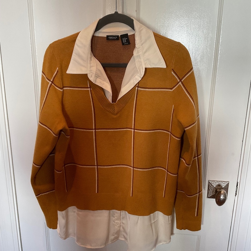 Women’s fall sweater with faux collared shirt detail by Jones & CO, XL